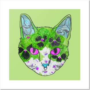 Green floral kitty Posters and Art